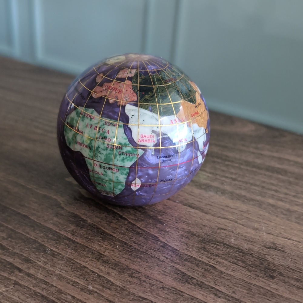 Alexander Kalifano Gemstone Globe Paperweight Amethyst Inlaid Mother of Pearl